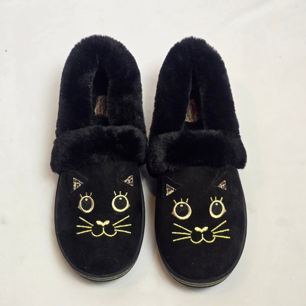 BOBS from Skechers Keep It Kitty‎ Black Cat Faux Fur Slippers Memory Foam 9 BKMT